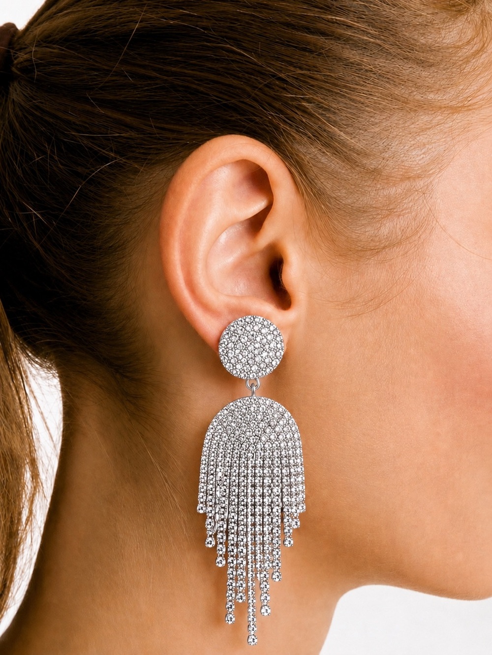 Silver Rhinestone Tassel Earrings Statement Dangle Wedding Party Jewelry Gift